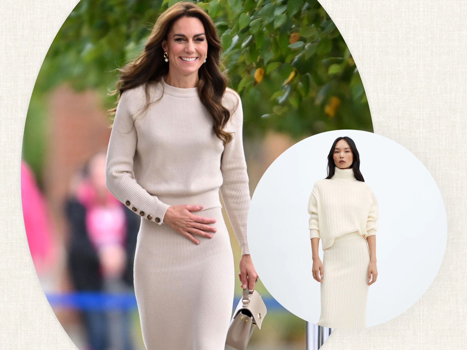 Duchess Catherine in black top, black cardigan, white skirt, and