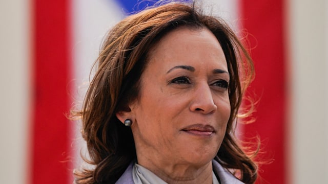 US Vice President Kamala Harris waits to speak after touring a private home in Canovanas, Puerto Rico, on March 22, 2024. 