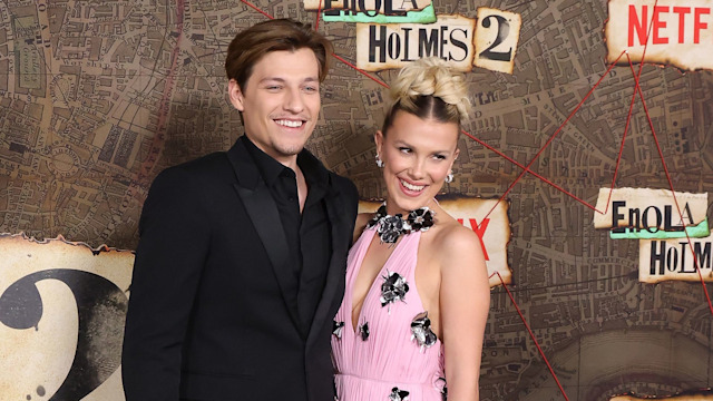 Jake Bongiovi and Millie Bobby Brown attend the world premiere of Netflix's "Enola Holmes 2" at The Paris Theatre on October 27, 2022 in New York City. 
