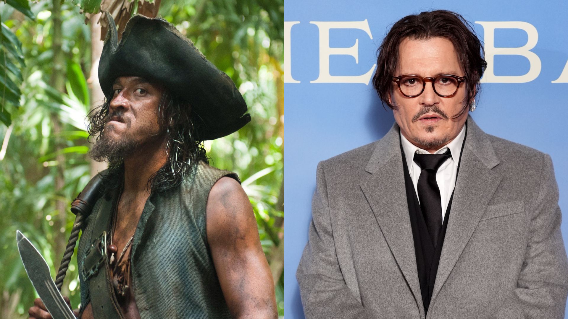 Split image of Tamayo Perry on Pirates of the Caribbean in 2011, and Johnny Depp