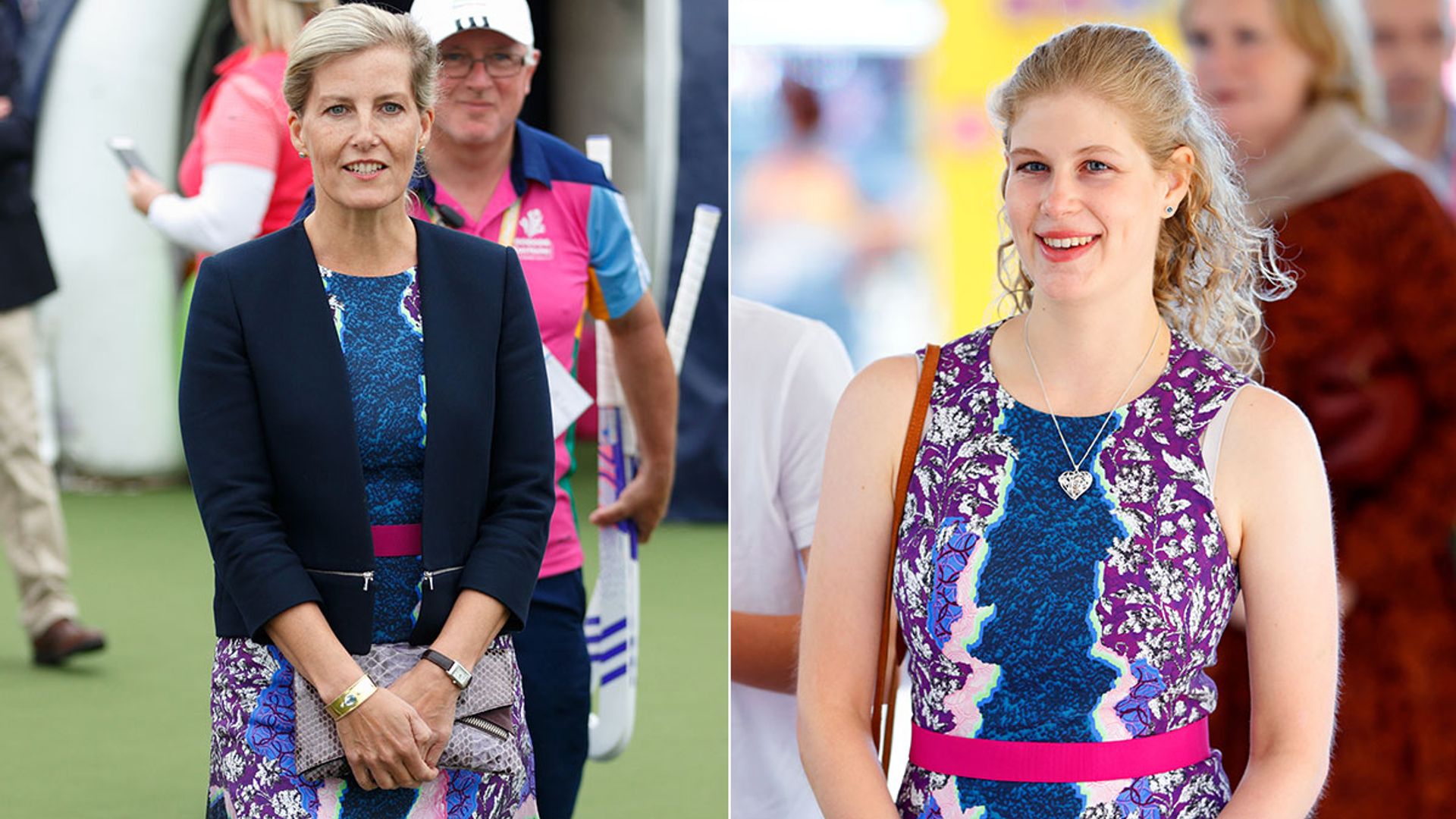 mother and daughter in same violet and blue dress