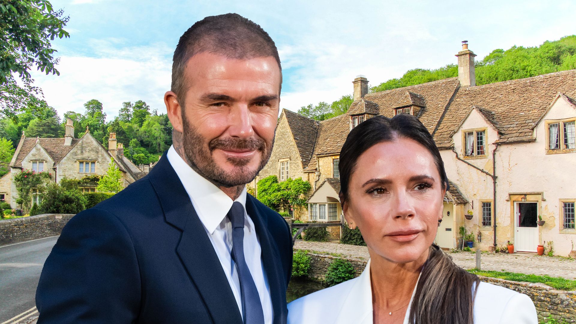 David and Victoria Beckham against picturesque view of cottages with Cotswold stone walls in Castle Combe, Cotswolds