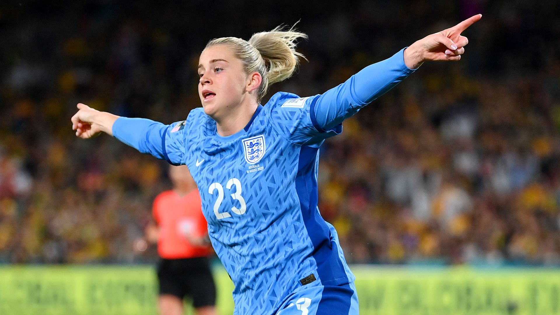 Alessia Russo of England celebrates after scoring her team's third goal during the FIFA Women's World Cup Australia & New Zealand 2023 Semi Final match between Australia and England