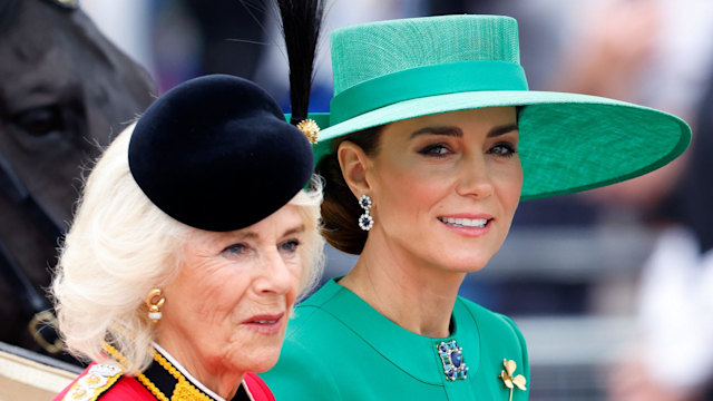  Queen Camilla and Kate Middleton, Princess of Wales at Buckingham Palace in a horse drawn carriage to attend Trooping the Colour on June 17, 2023 in London, England.