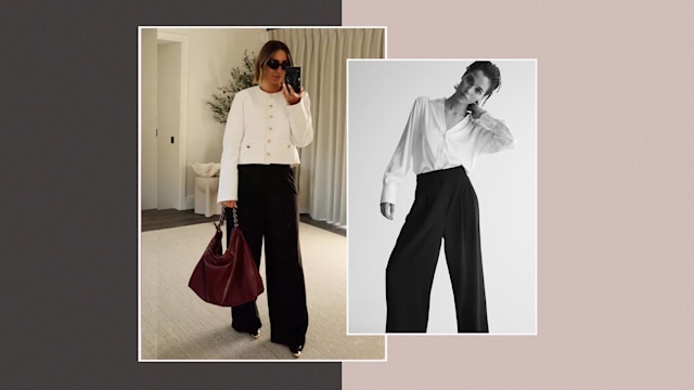 Franki Bridge models H&M's wide-leg trousers in her home