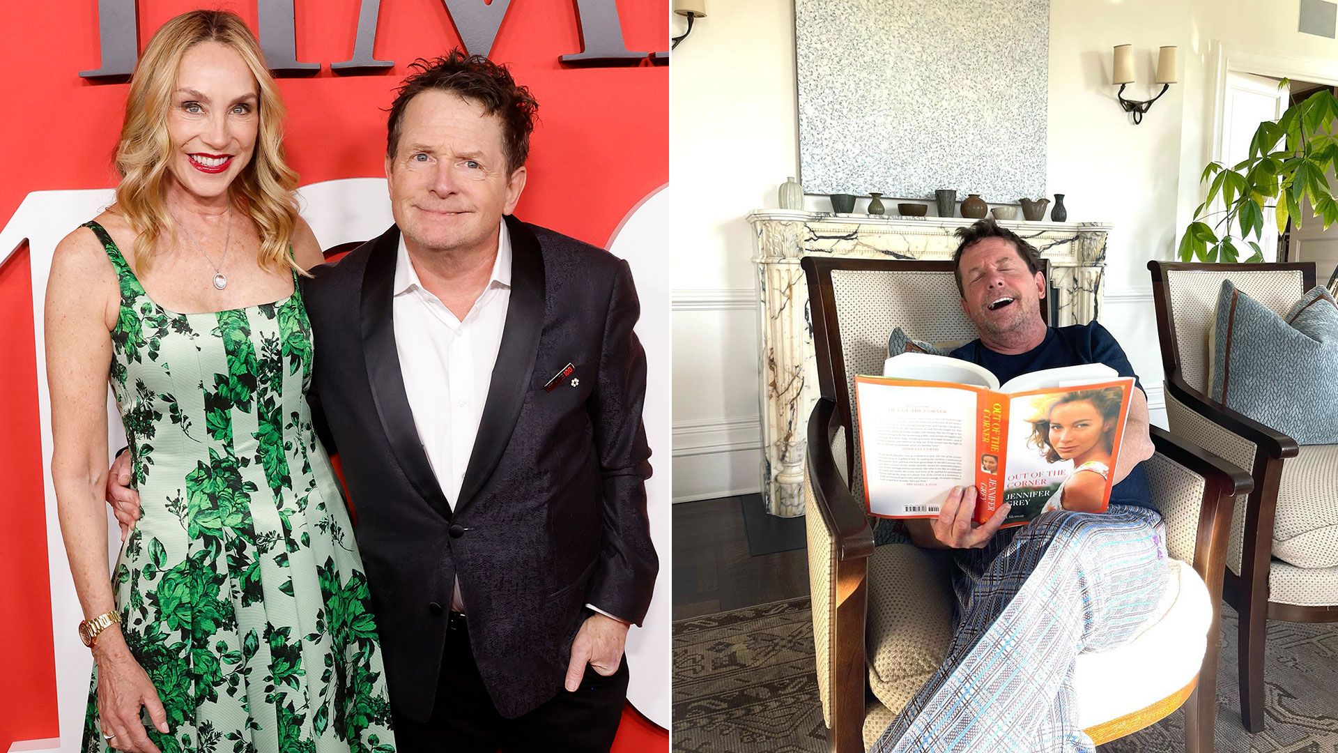 michael j fox with wife split with michael reading book
