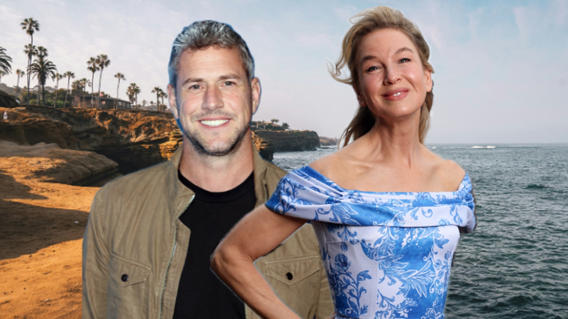 Renée Zellweger and Ant Anstead superimposed on beach background