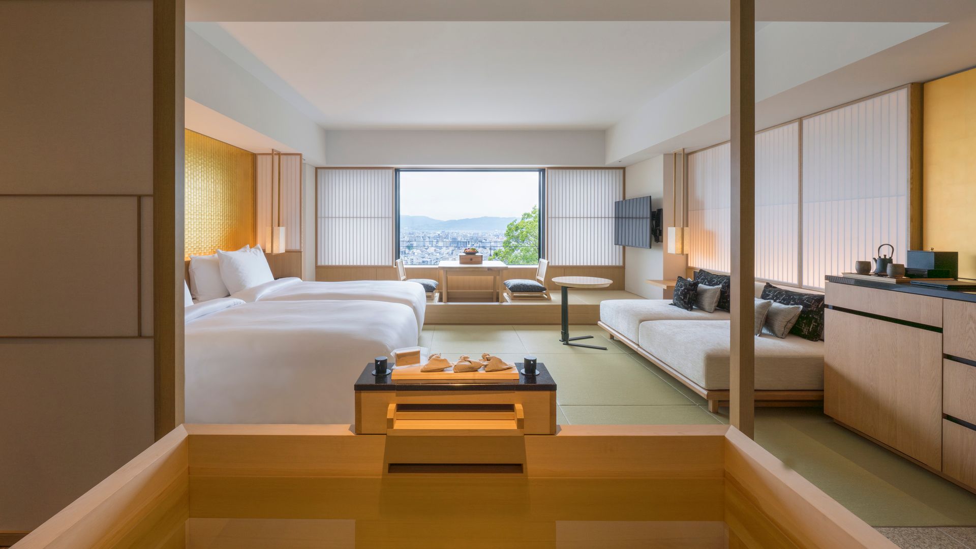 A classic Japanese design hotel room featuring an onsen inside the room