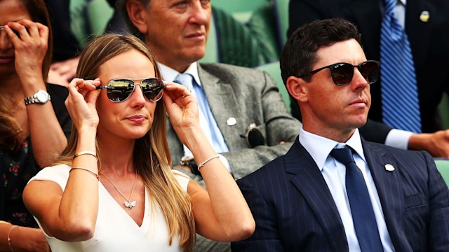 Erica Stoll and Rory McIlroy looking disappointed while wearing sunglasses