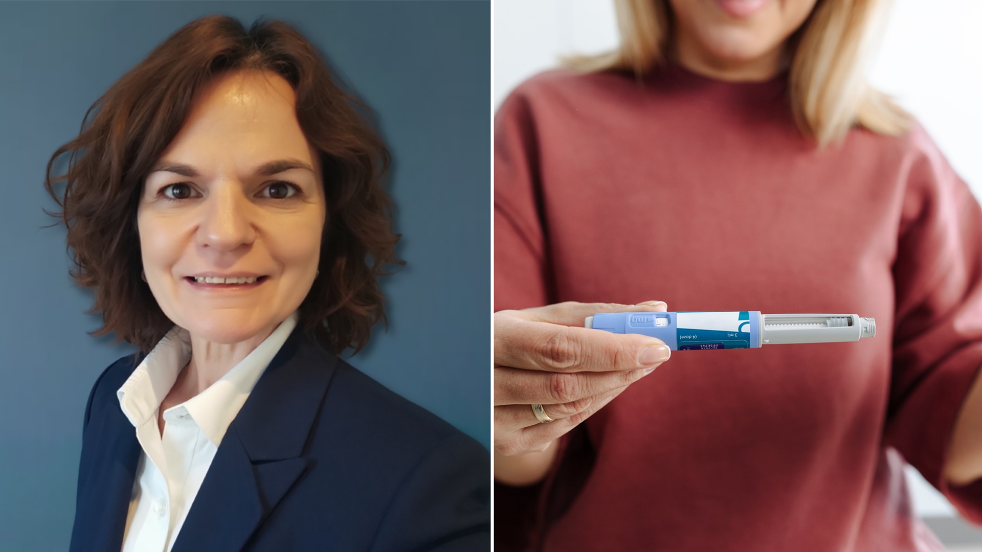 Split image showing Dr Debra Marcos and stock image showing woman holding weight loss medication pen