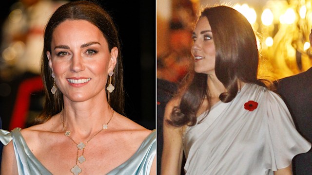 Princess Kate in two images in silk gowns