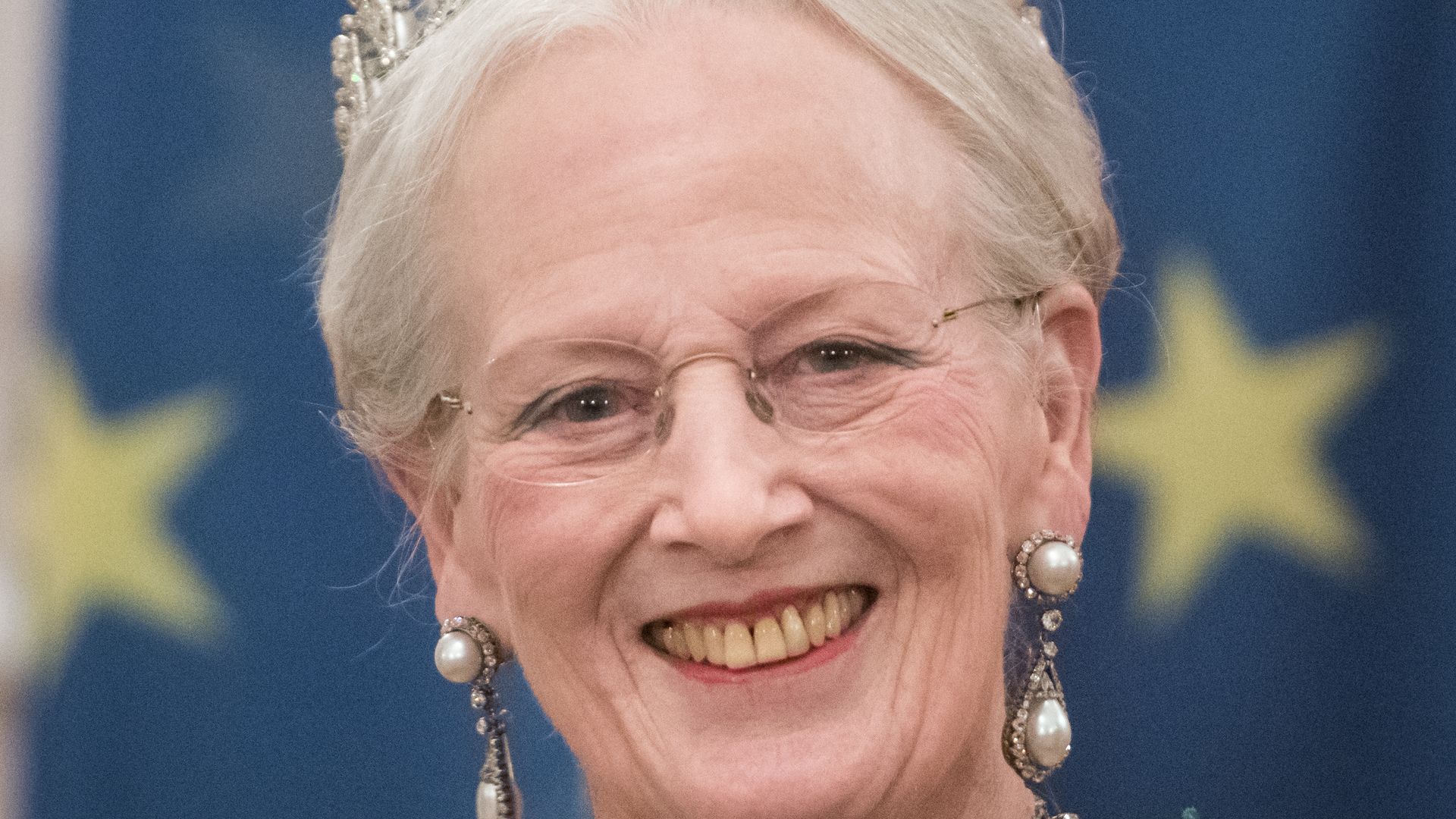  Queen Margrethe II of Denmark attends in a state banquet in Bellevue Palace 