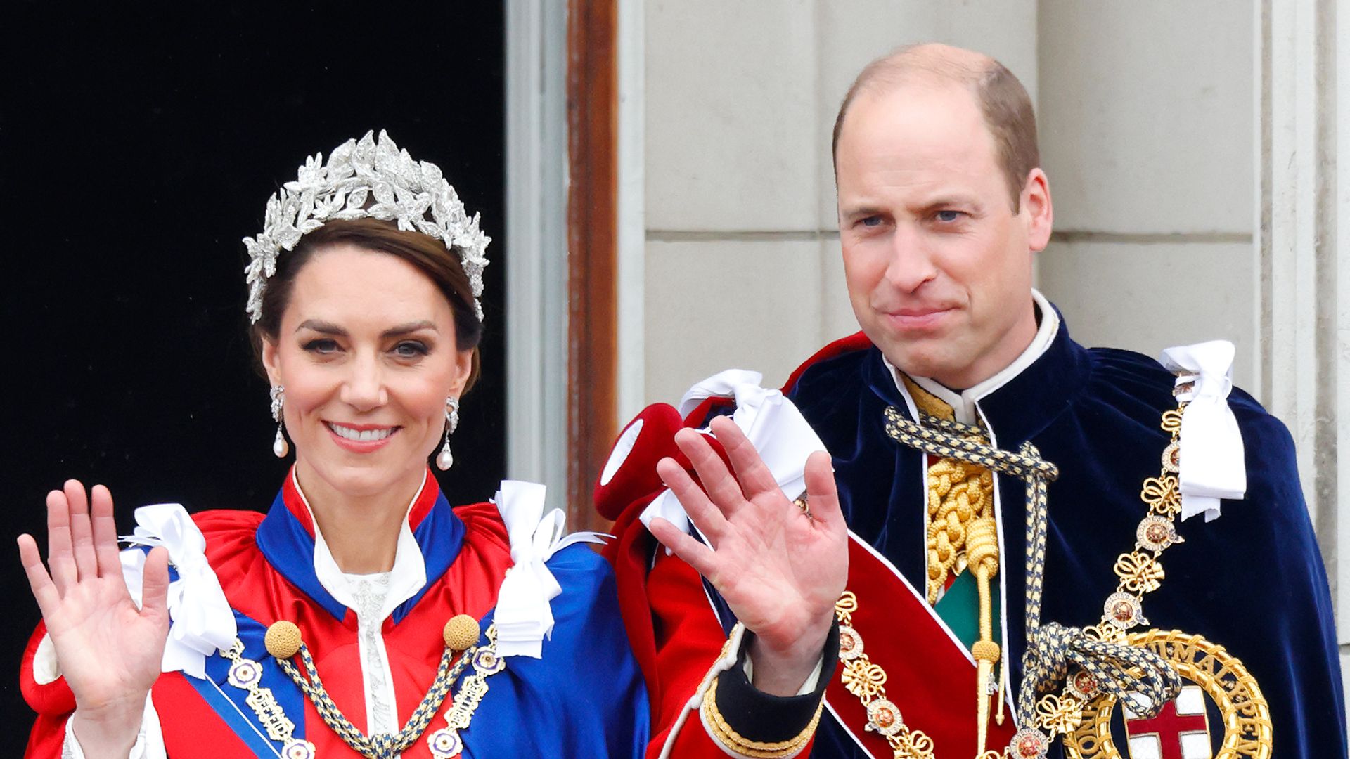 William and Kate waving from palace balcony on coronation day