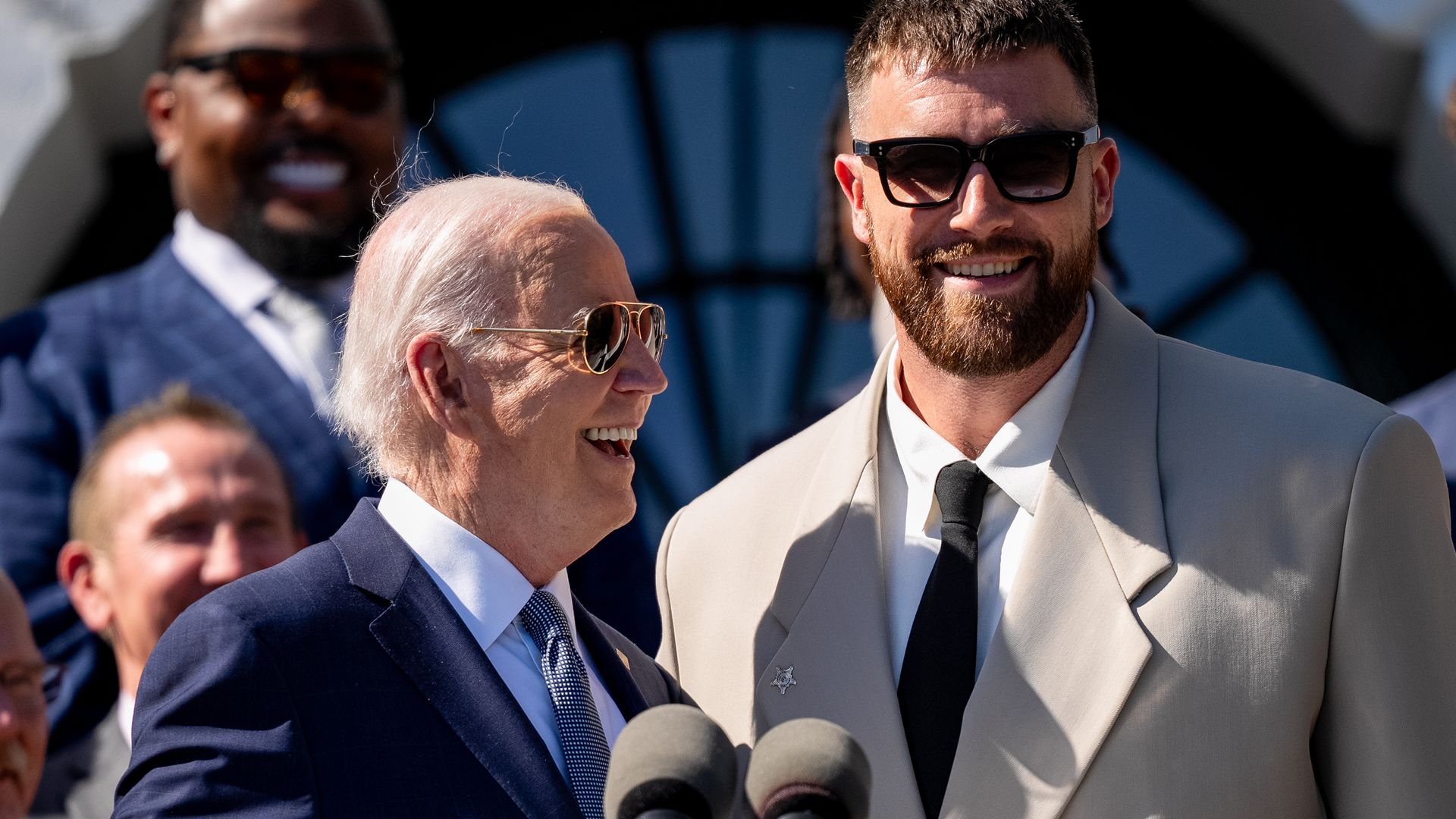 President Joe Biden invites tight end Travis Kelce of the Kansas City Chiefs to speak during an event on the South Lawn of the White House 