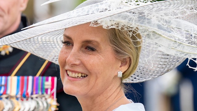 Sophie, Duchess of Edinburgh in pale blue dress and netted hat