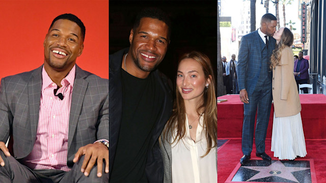 L to R: Michael Strahan, Michael and girlfriend Kayla Quick smiling, Michael and Kayla kissing