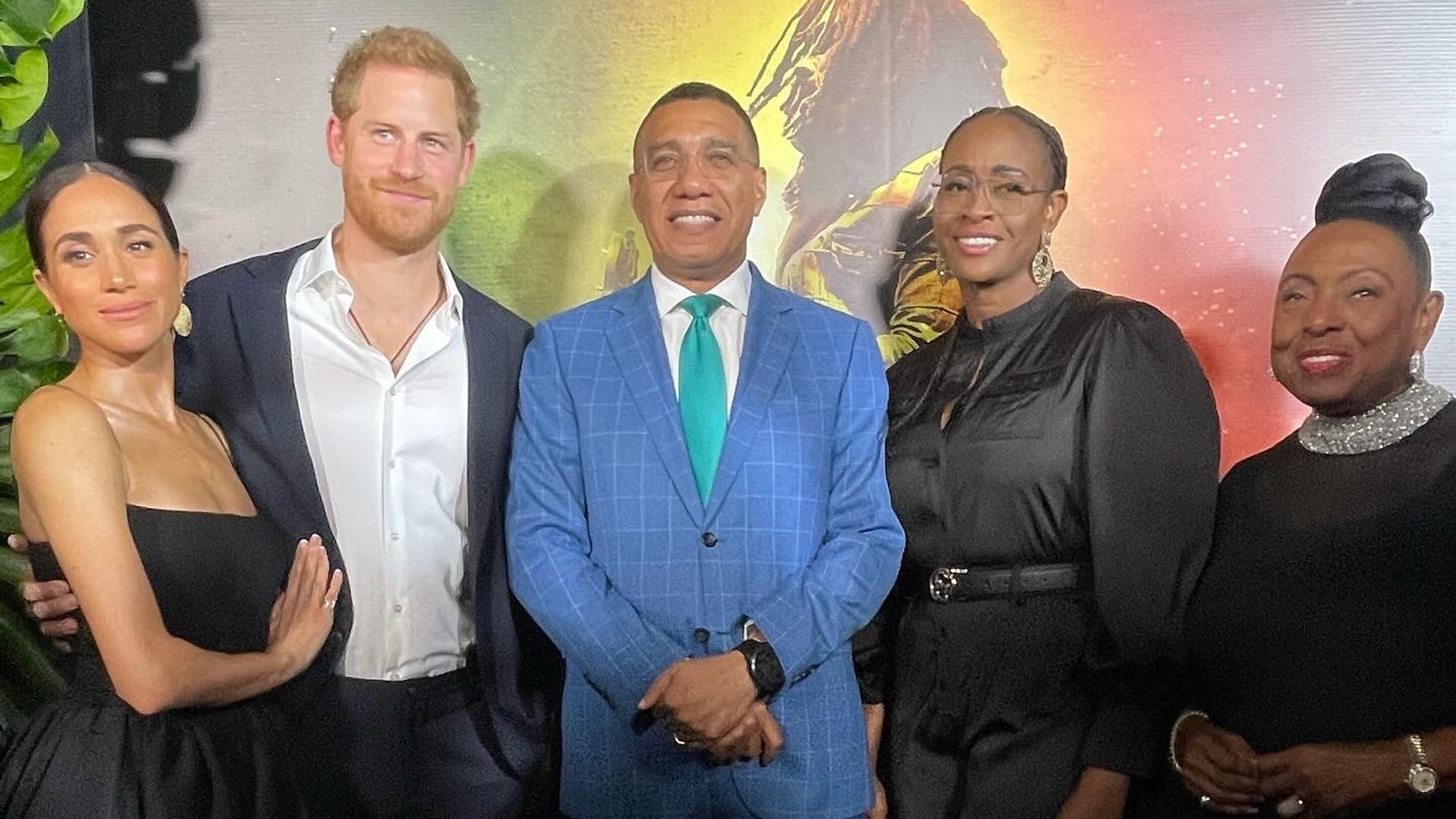 The Duke and Duchess of Sussex with Jamaica's Prime Minister Andrew Holness and his wife Juliet