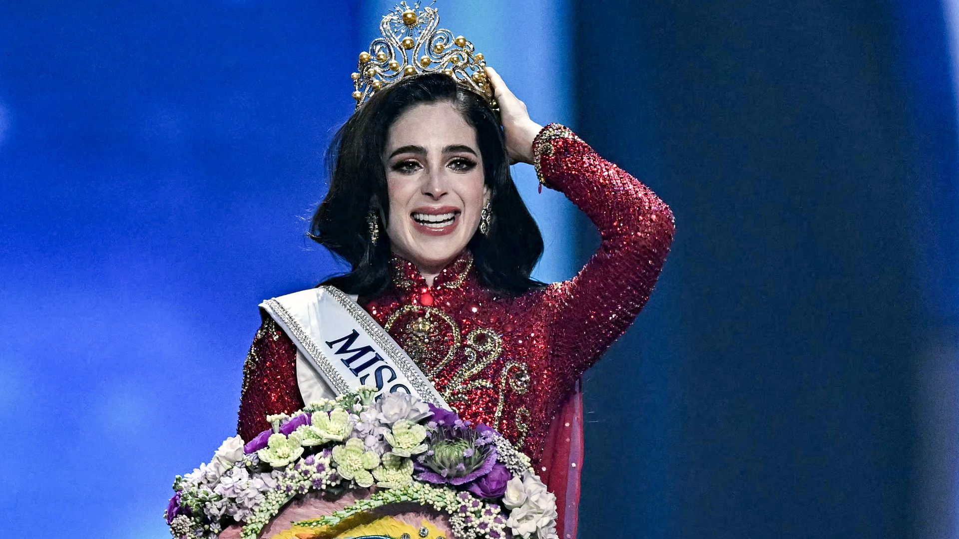 Miss Mexico Fatima Bosch celebrates winning the 2025 Miss Universe pageant