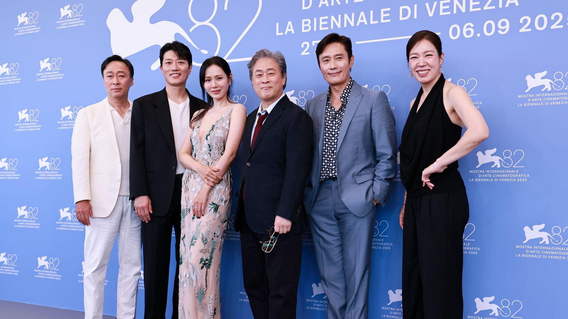 Lee Sung-min, Park Hee-soon, Son Ye-jin, director Park Chan-wook, Lee Byung-hun and Yeom Hye-ra attend the "Eojjeol Suga Eopda" (No Other Choice) photocall during the 82nd Venice International Film Festival on August 29, 2025 in Venice, Italy.