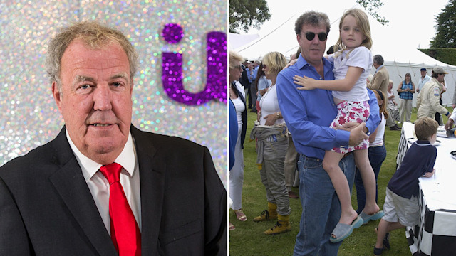 Split image of Jeremy Clarkson in a suit and one of him holding a young girl