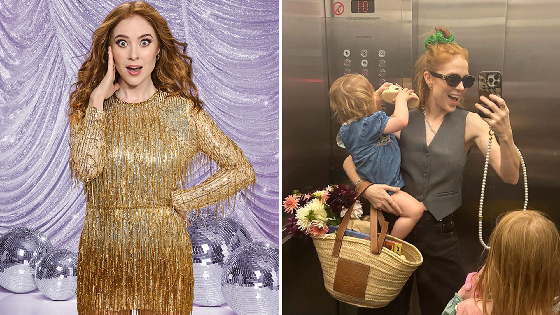 Split image of Angela Scanlon in Strictly costume and her with two young girls in an elevator
