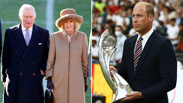 Split image of King Charles and Queen Camilla on a football pitch and Prince William holding a football trophy