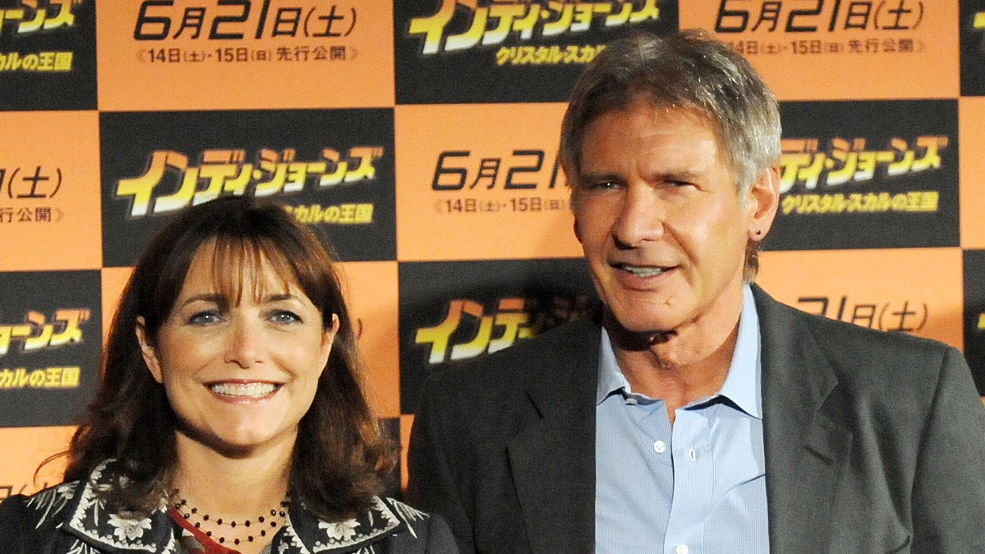 TOKYO - JUNE 4:  Actress Karen Allen and  actor Harrison Ford attend "Indiana Jones and the Kingdom of the Crystal Skull" press conference at Grand Hyatt Tokyo on June 4, 2008 in Tokyo, Japan. The film will open on June 21 in Japan. (Photo by Jun Sato/WireImage)