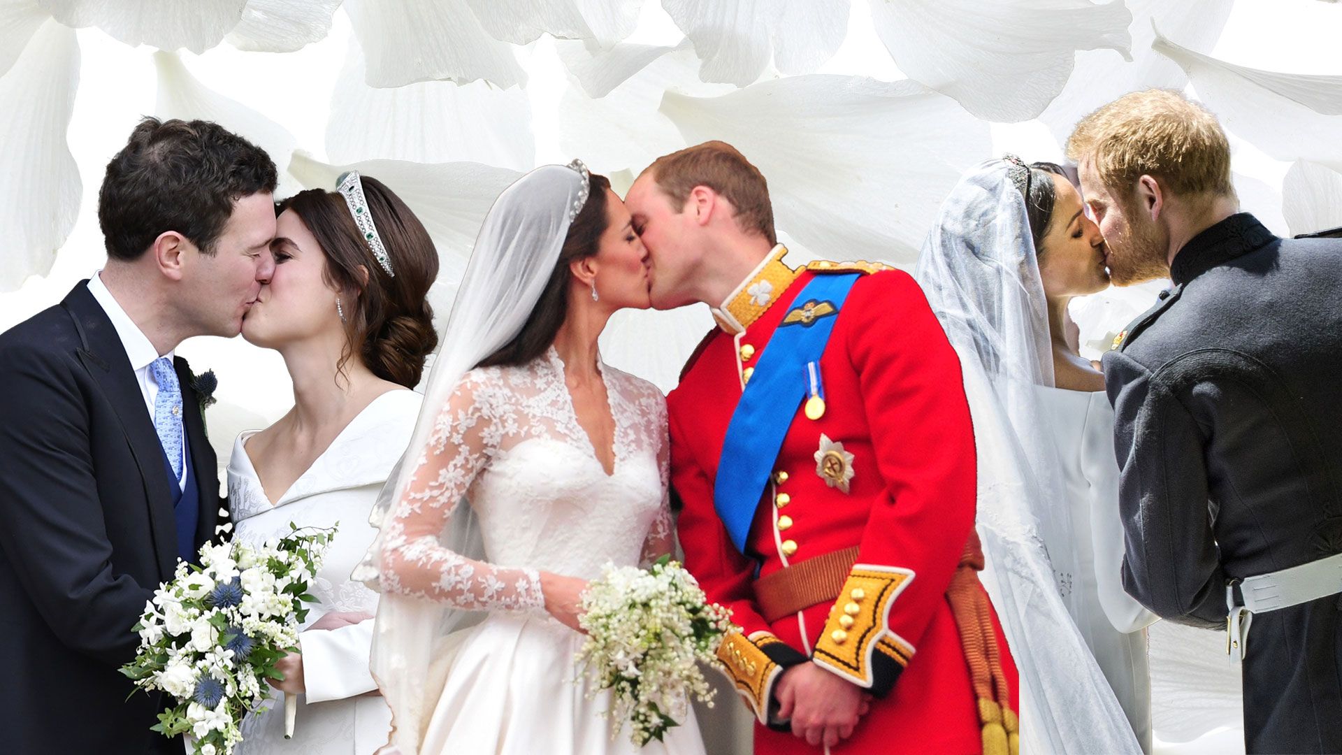 eugenie and jack brooksbank, princess kate and prince william, meghan markle and prince harry kissing on wedding day