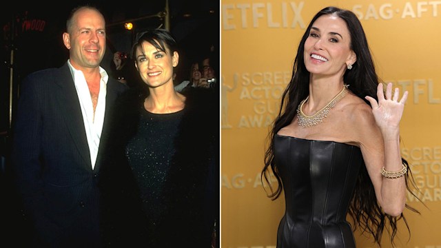 Split image of Bruce Willis with Demi Moore and of just Demi Moore in a black dress