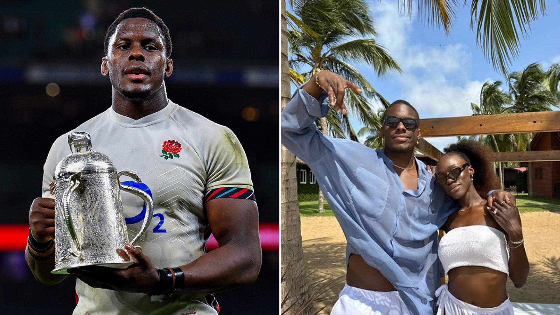 Split image of Maro Itoje holding a trophy and standing with Mimi Fall