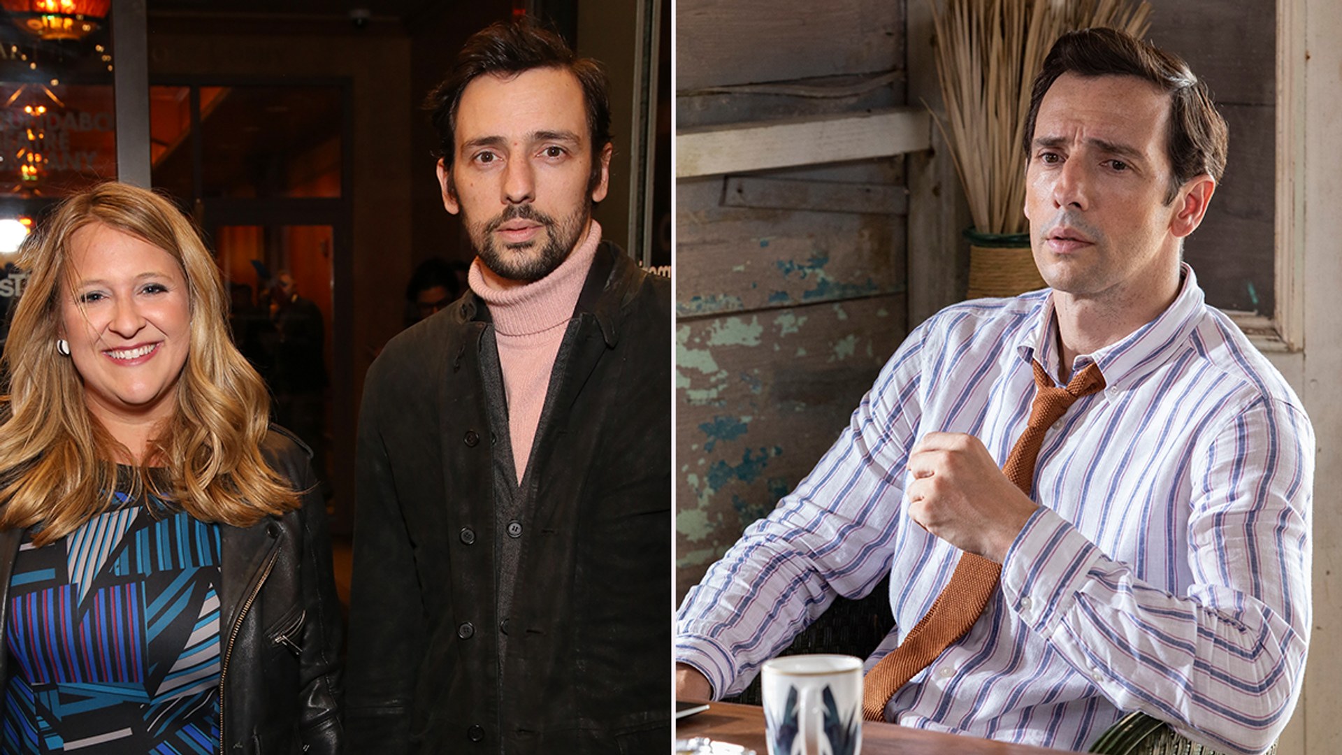 Ralf Little and Lindsey Ferrentino, Ralf in Death in Paradise split image