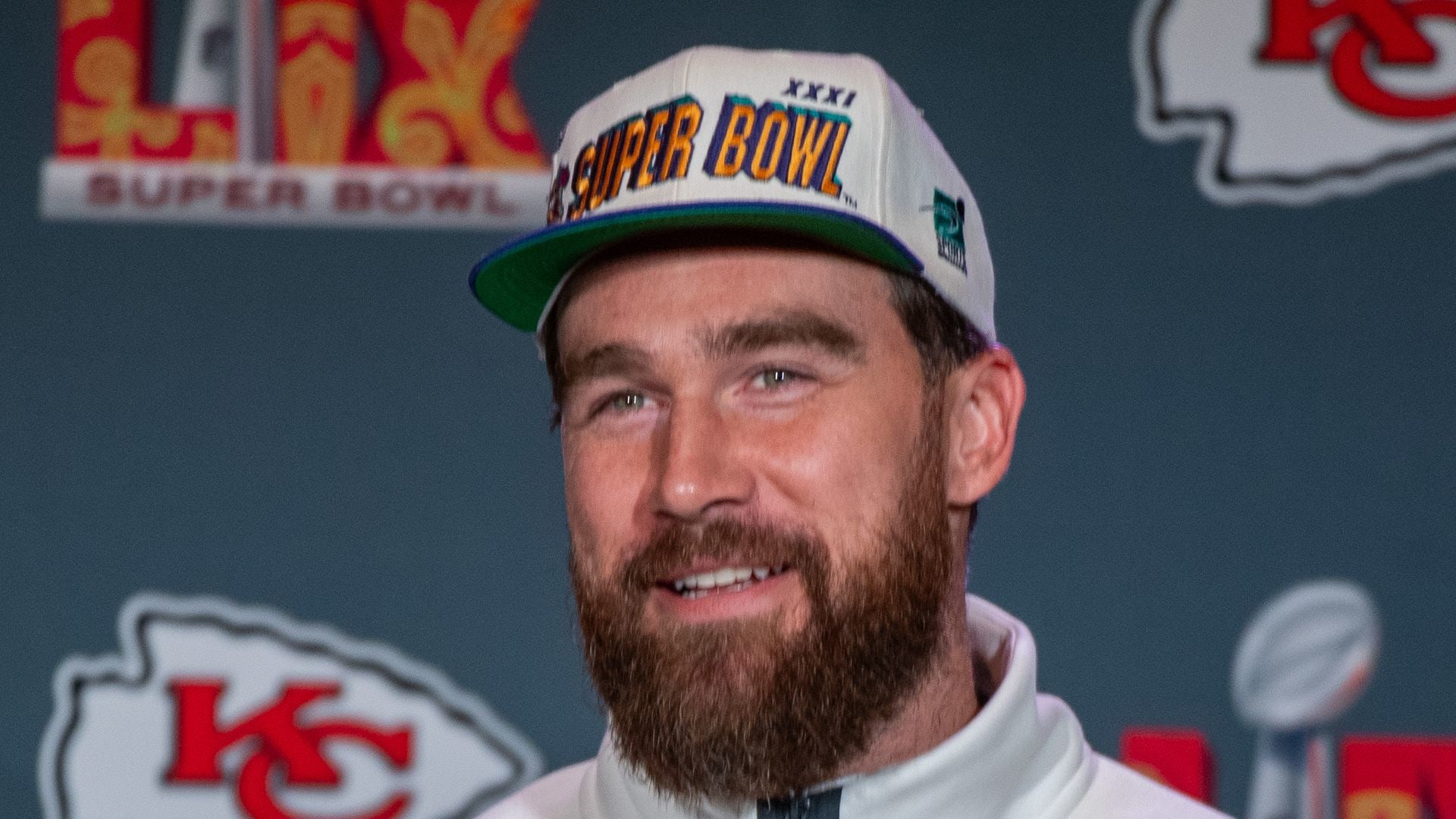 Travis Kelce #87 of the Kansas City Chiefs speaks during a press conference ahead of Super Bowl LIX at the New Orleans Marriott on February 06, 2025 in New Orleans, Louisiana