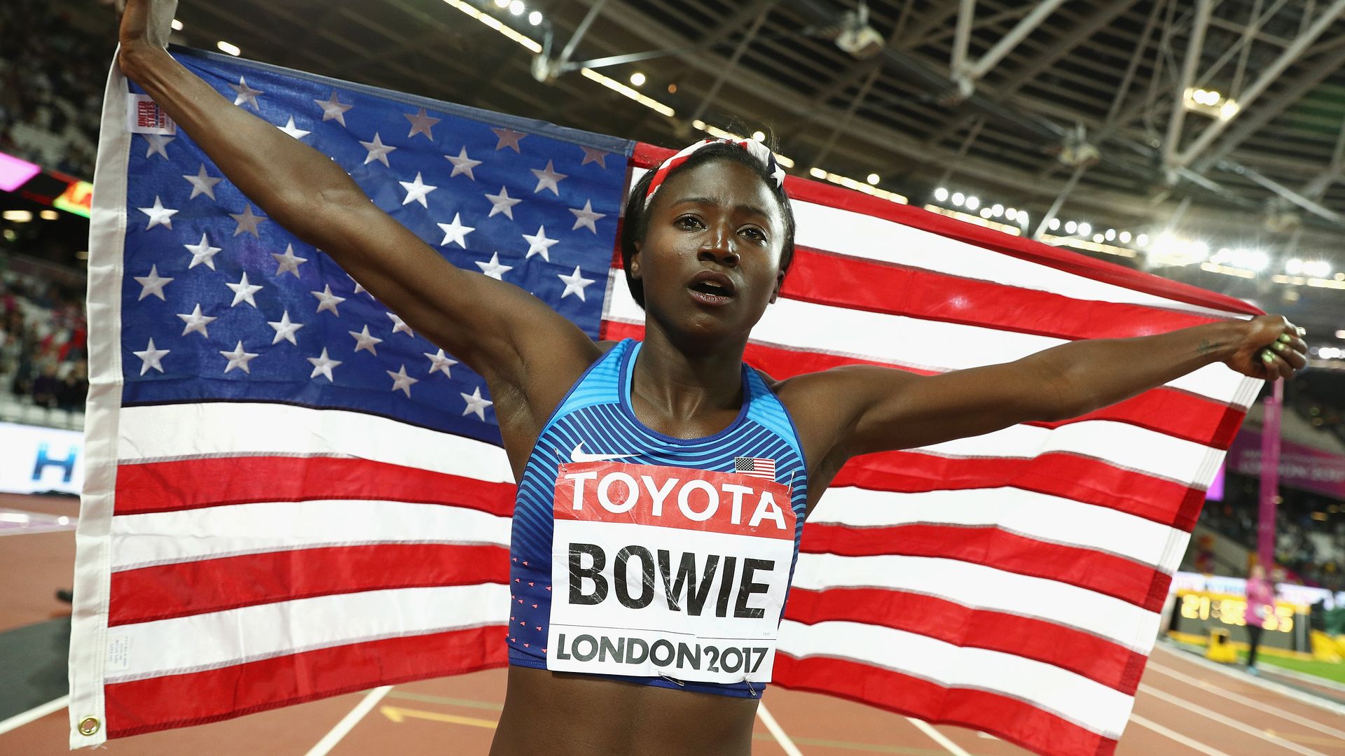 Tori Bowie of the United States celebrates winning gold in the Women's 100 Metres Final during day three of the 16th IAAF World Athletics Championships London 2017 at The London Stadium on August 6, 2017 