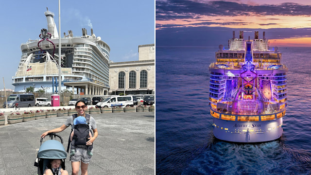 Ainhoa Barcelona in front of cruise ship