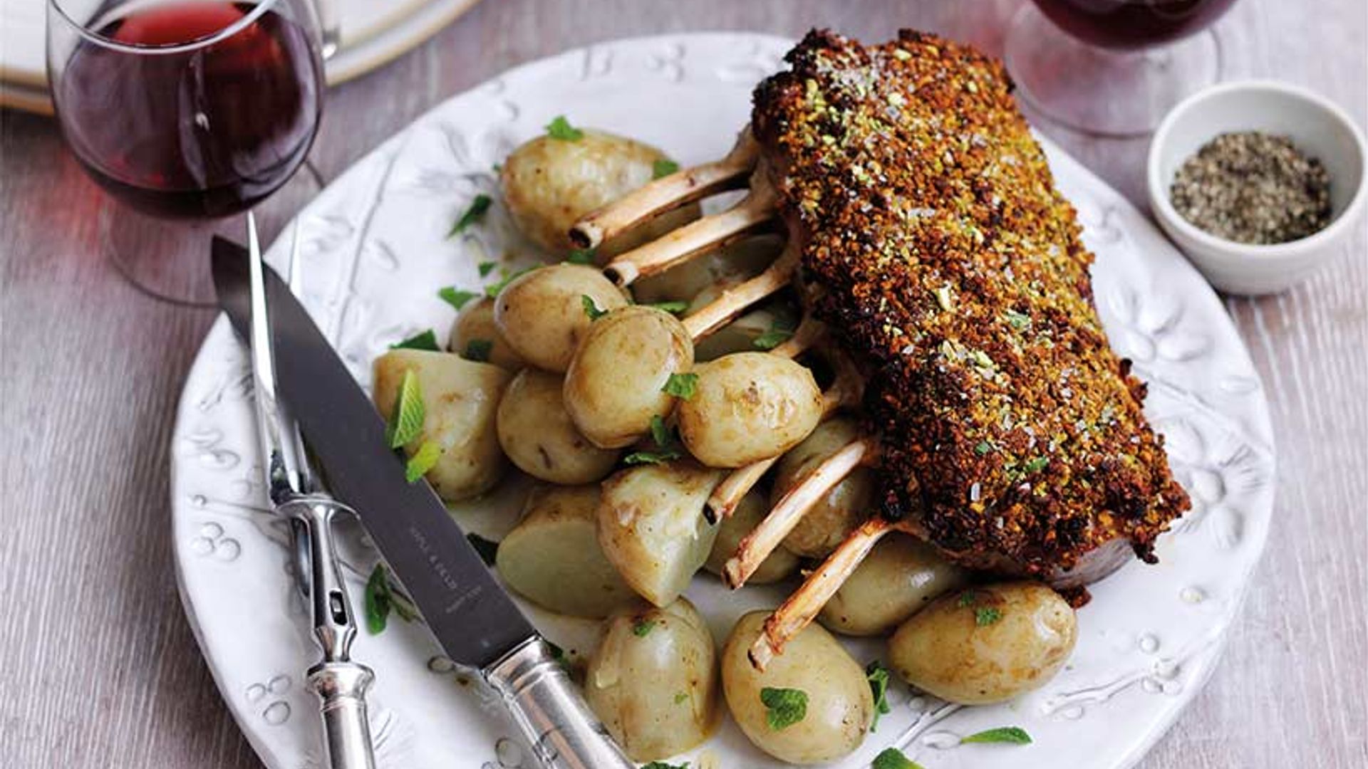 perian crusted rack of lamb with minted jersey royals