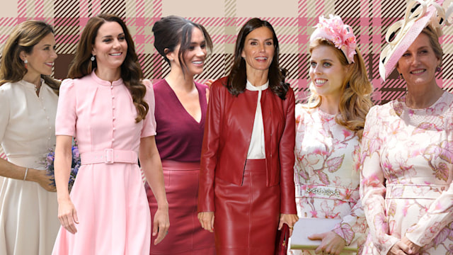 Princess Kate, queen mary, Meghan Markle, queen letizia, princess beatrice, duchess sophie on tartan backdrop