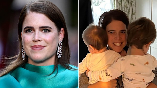 A split image of Princess Eugenie and a photo of her with her sons, August and Ernest 