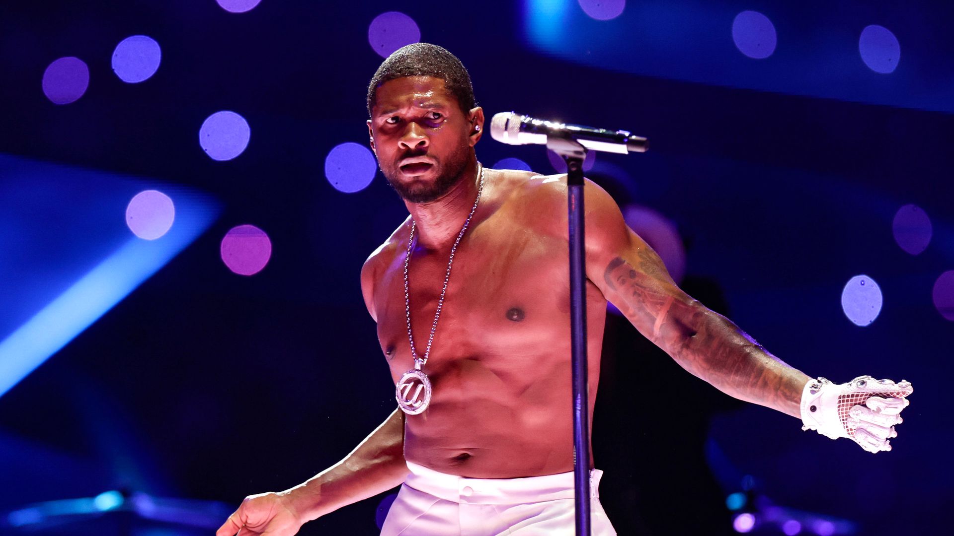 Usher performs during  halftime of Super Bowl LVIII on Sunday, Feb. 11, 2024, at Allegiant Stadium in Las Vegas.