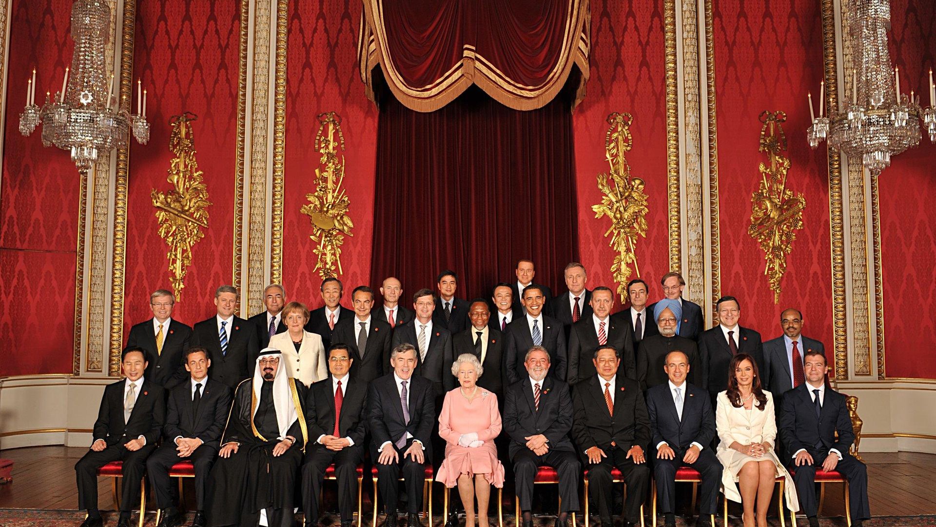 The Queen sat with heads of state inside the Throne Room