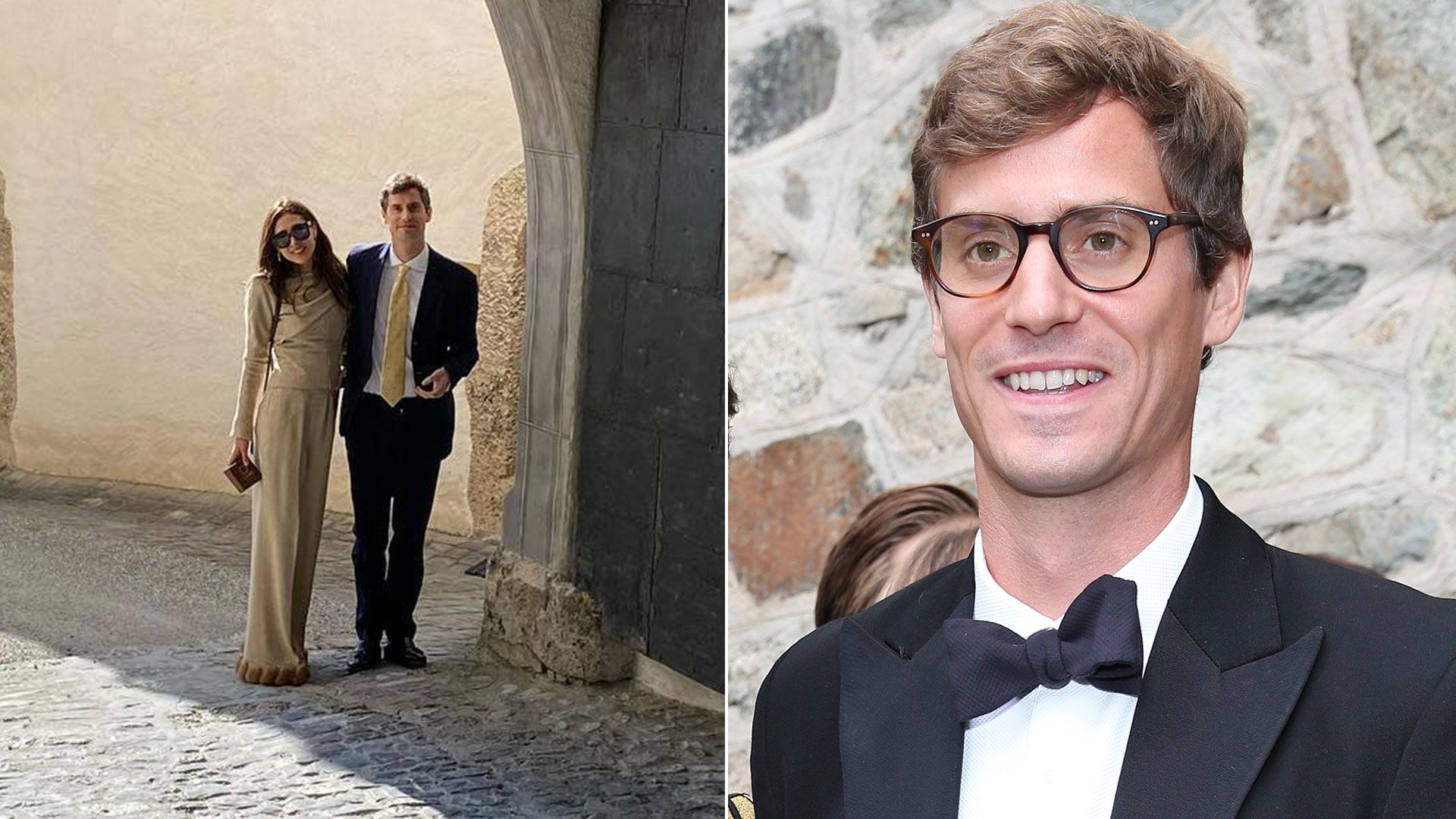 Princess Claudia of Liechtenstein and her husband, Prince Josef-Emmanuel outside beside photo of  Prince Josef-Emmanuel  in suit 