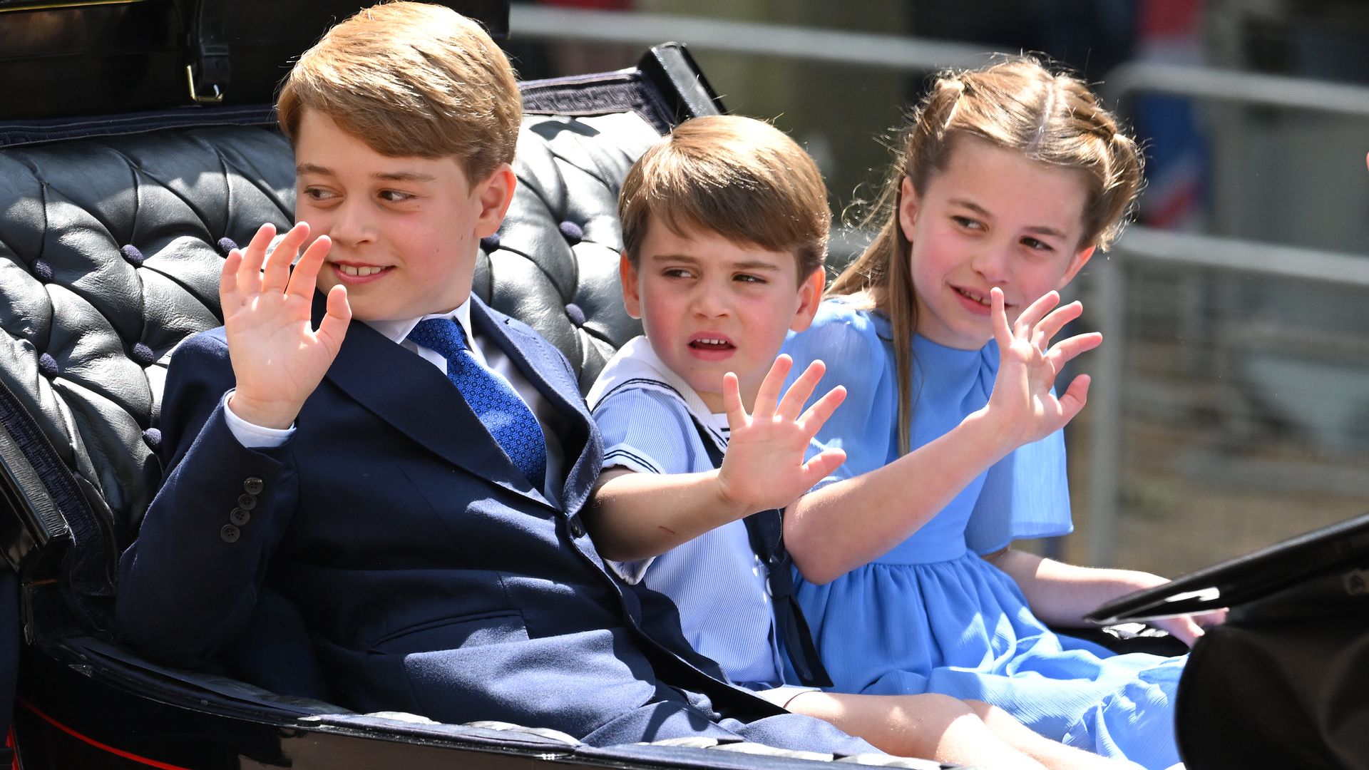 Prince George, Prince Louis and Princess Charlotte in the carriage procession at Trooping the Colour during Queen Elizabeth II Platinum Jubilee on June 02, 2022 in London, England.