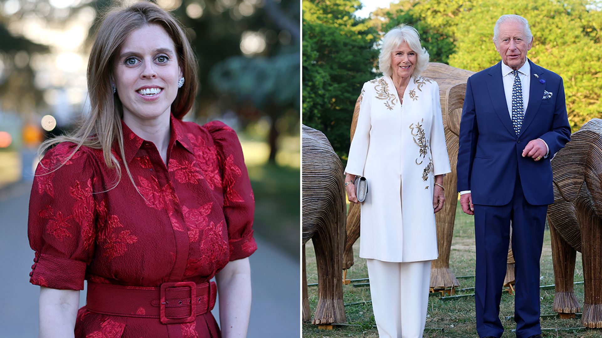 Split image of Princess Beatrice and of Queen Camilla and King Charles