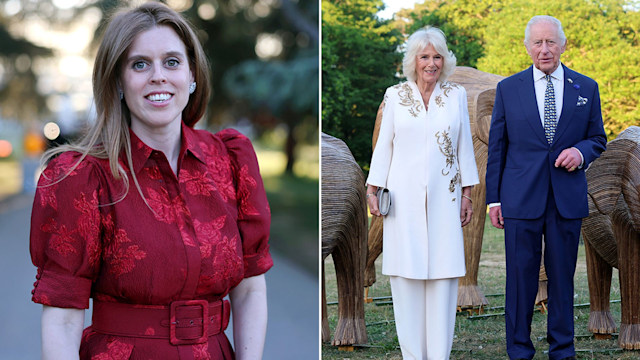 Split image of Princess Beatrice and of Queen Camilla and King Charles
