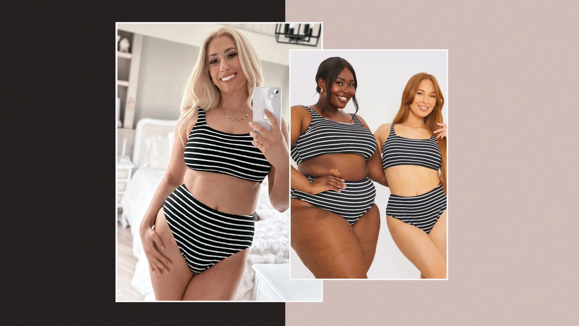 stacey solomon and models in striped bikini split image