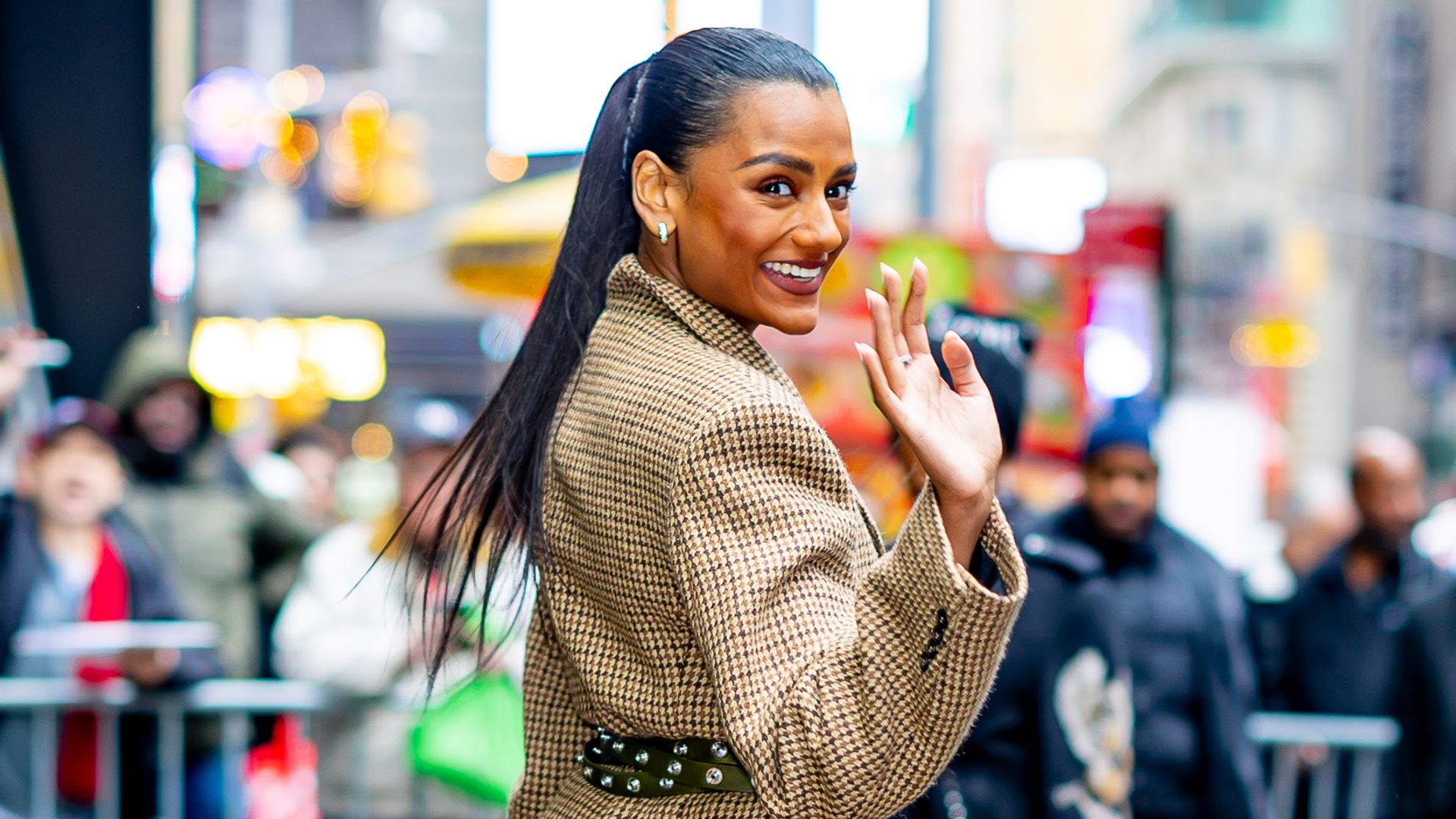  Simone Ashle is seen at Good Morning America Studios  in checked blazer and heels