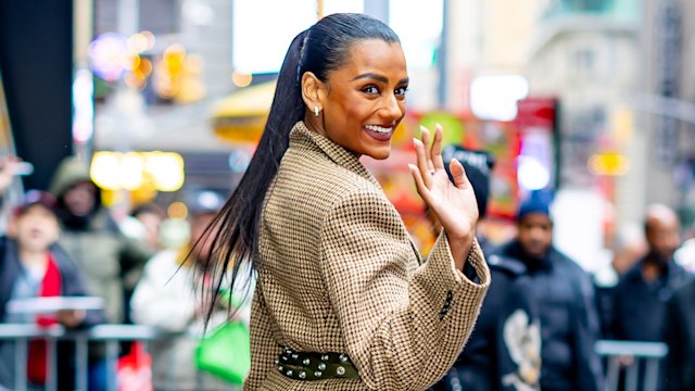  Simone Ashle is seen at Good Morning America Studios  in checked blazer and heels