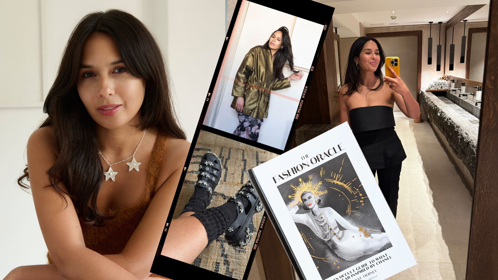 A collage featuring Nieve Tierney, modern energy coach and Reiki Master, showcasing her personal style. The image includes portraits, outfit shots, her book The Fashion Oracle, and accessories that reflect her unique blend of fashion, intuition, and spiritual intention.