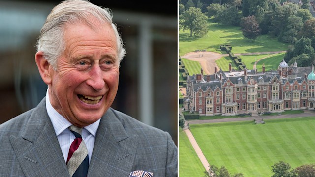 King Charles smiling next to an aerial view of his home Sandringham