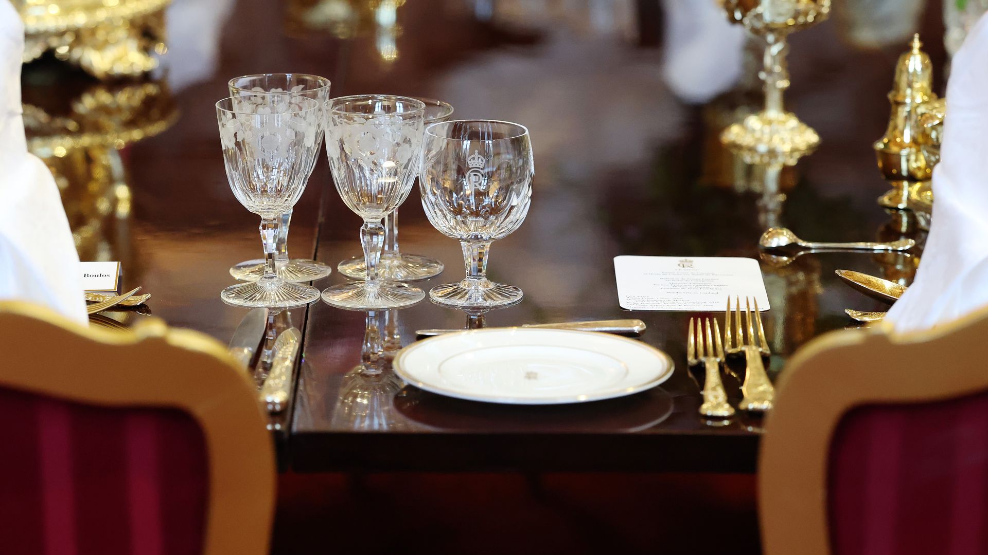 Empty wine glasses at the State Banquet