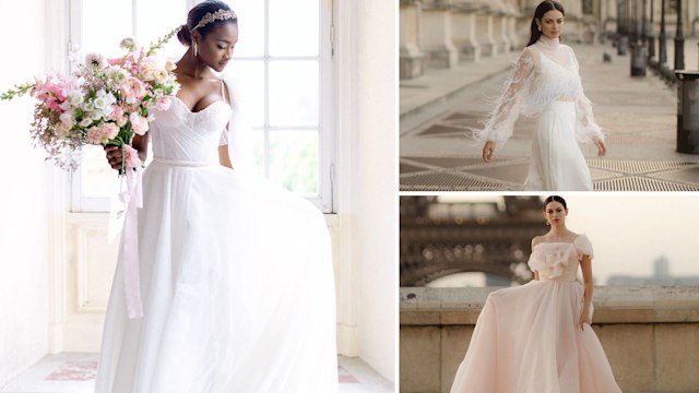 Three brides wearing wedding dresses